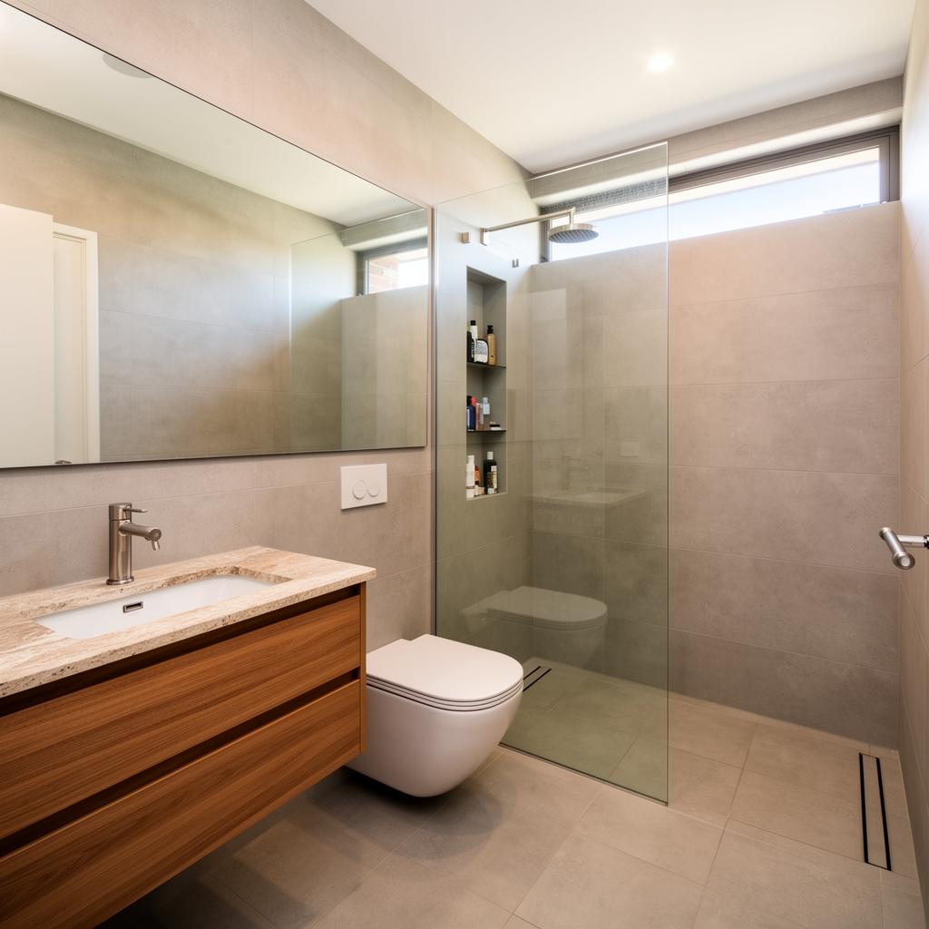 Wall-hung vanity and recessed tile niche in a renovated small Sydney bathroom